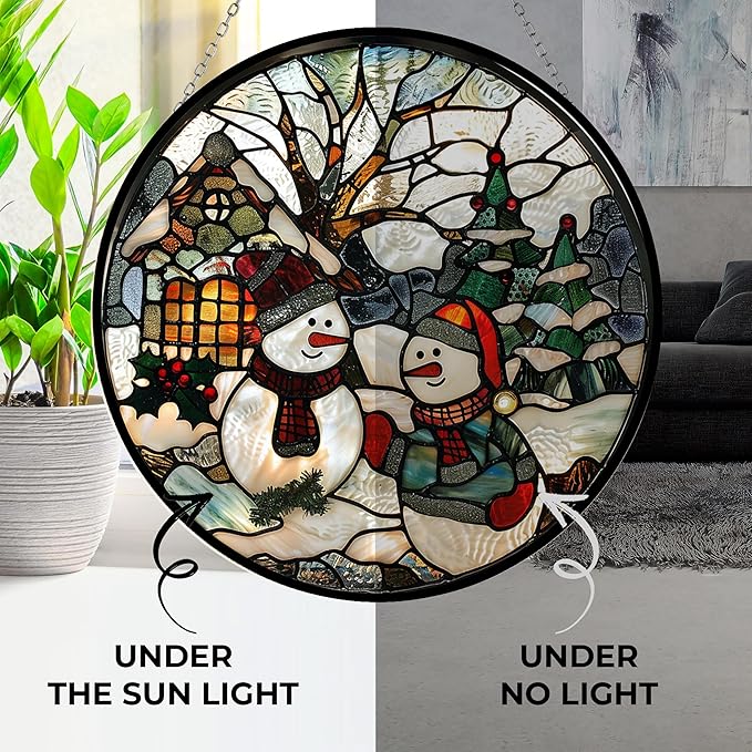 Christmas Snowman Stained Glass Sun Catcher Mountain Stained Glass Window Hanging, Suncatchers Lavender Wall Decor, for Women/Friends/Lover