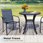 3 Pieces Round Dining Table Set for 2, Patio Dining Set Includes 2 Dark Blue Stackable Patio Chairs and 27.6" Black Metal Round Table, Patio Furniture Sets with Sling Support for Outside, Garden