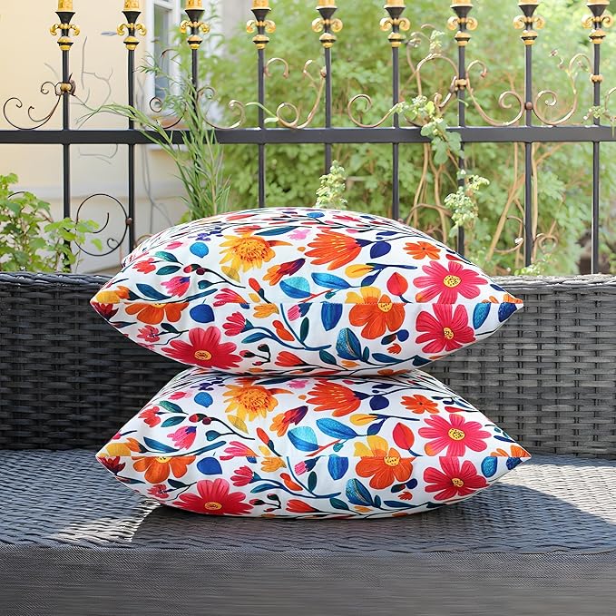 Outdoor Pillow Covers 18x18 Inch Set of 2 Floral Printed Boho Throw Pillows Cases Waterproof Square Garden Cushion Sham for Spring Summer Patio Funiture Tent Balcony Bench Sofa Couch