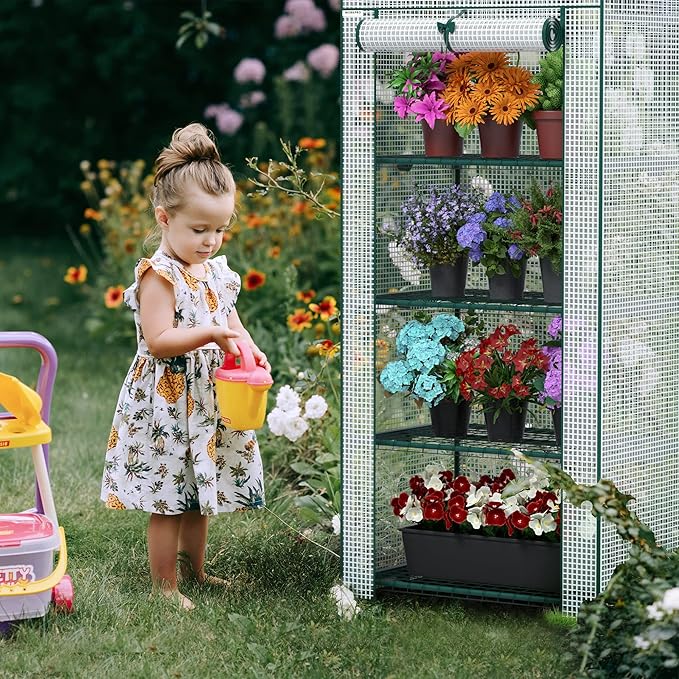 WORKPRO Mini Greenhouse, 4-Tier Portable Small Greenhouses for Outdoor Indoor with Shelves and Thicken PE Cover, White - 27" L x 19" W x 63" H, Ideal Gardening Gifts for Women Men