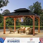 Modern Shade Wood Gazebo 11' x 13', Cedar Framed Wooden Gazebo with Double Galvanized Steel Roof, Hardtop Pavilion with Sturdy Hooks for Garden, Backyard Patio and Deck