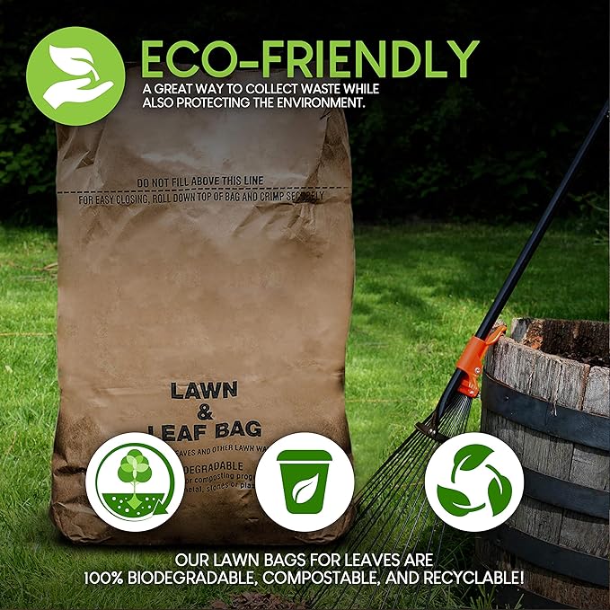 30 Gallon Kraft Lawn and Leaf Bags (20 Pack) Eco-Friendly Heavy Duty Large Paper Trash Bags, Made in the USA Tear Resistant Yard Waste Bags for Grass Clippings, Wet and Dry Leaves, Weeds, Twigs