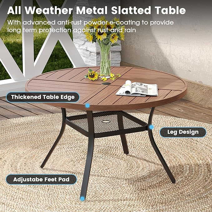 DIFY 5 Pieces Outdoor Patio Dining Set, 4 Brown Textilene Swivel Dining Chairs and 40.6" Walnut Round Metal Dining Table, Outdoor Table and Chairs