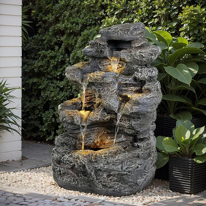 5-Tiered Concrete Tall Slim Fountain, 23.85" H –LED-Lit Column, Space-Saving Modern Outdoor Accent, All-Weather Resistant