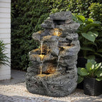 Merax 5-Tiered Concrete Tall Slim Fountain – 23.85" H LED Lit Outdoor Water Feature, Space-Saving Modern Design for Patio, Garden, Balcony, All-Weather Resistant