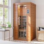 1- Person Infrared Sauna, Remotely Controllable Indoor Sauna, Low EMF 1200W/120V LCD Heater, WiFi & BT Control, 9-Color Light Therapy, Safe Flame-Retardant Material, Wood