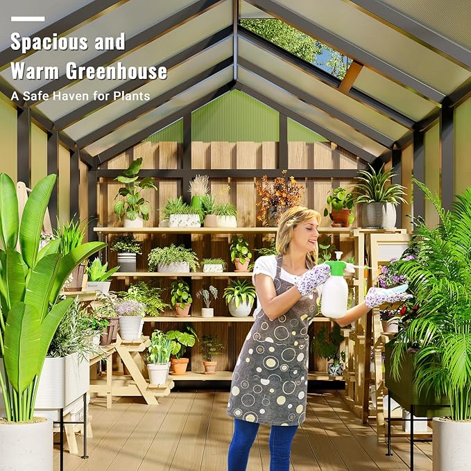 6x10 FT Greenhouse, Easy Assembly Aluminum Polycarbonate Greenhouses for Outdoors with Roof Vent, Large Aluminum Walk-in Greenhouse for Sunroom Patio, Backyard, Garden, Sliding Lockable Door, Black