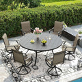 DIFY 7 Pieces Outdoor Patio Dining Set, 6 Brown Textilene Swivel Dining Chairs and 53" Black Round Metal Dining Table, Outdoor Table and Chairs