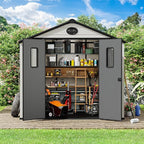 8 x 6 FT Plastic Outdoor Storage Shed with Floor,Garden Resin Shed with Window and Lockable Door, Outside Sheds for Bike, Garbage Can, Tool