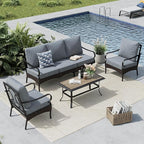 MFSTUDIO 4 Pieces Outdoor Patio Furniture Set, Metal Outdoor Conversation Set, Rattan Wicker Patio Sectional Sofa Set with 2 x Fixed Single Sofa, 3-Seat Sofa, 1 x Coffee Table, Grey