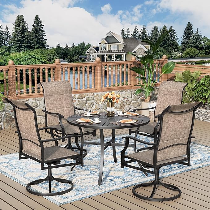 5 Pieces Patio Dining Set, Outdoor Table and Chairs, 4 x Textilene Swivel Dining Chairs and 42" Round Black Table, with 1.57" Umbrella Hole, for Cozy Garden Settings, Grayish Brown