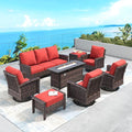 Patio Furniture Set with Swivel Chairs, High Back Wicker Rattan Furniture with 5.5" Thick Cushions, Fire Pit Table and Ottomans, All Weather Outdoor Conversation Set for Backyard Deck,9 Seats, Red