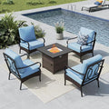 MFSTUDIO 5 Pieces Outdoor Patio Furniture Set, Metal Outdoor Conversation Sofa, Rattan Wicker Patio Sectional Sofa Set with 4 x Fixed Single Sofa, 1 x Fire Pit Table, Blue