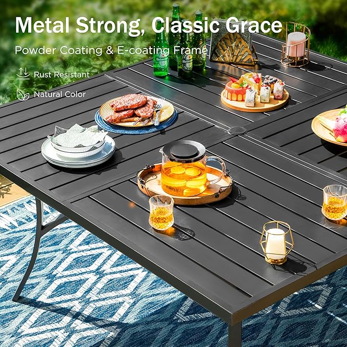 PHI VILLA 9 Pieces Patio Dining Table Set for 8, 60” Square Metal Wrought Iron Dining Table & Stackable Dining Chairs, Large Dining Furniture Set for Outdoor Deck, Yard, Porch