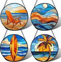 Stained Glass Window Hanging 4 Pcs Set Blue Orange Ocean Beach Theme Large 15" - Suncatcher Door Garden Sun Catcher Decor Birthday Christmas for Mom Woman Nana Men Wife