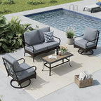 MFSTUDIO 4 Pieces Outdoor Patio Furniture Set, Metal Outdoor Conversation Set, Rattan Wicker Patio Sectional Sofa Set with 2 x Swivel Single Sofa, 2-Seat Sofa, 1 x Coffee Table, Grey