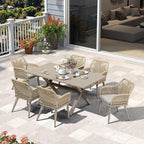 PURPLE LEAF 10' x 14' Outdoor Hardtop Gazebo with 7 Pieces Outdoor Dining Set, Champagne Aluminum Gazebo with Galvanized Steel Double Roof, Curtains and Netting for Patio Lawn and Garden