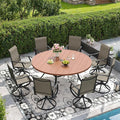 DIFY 9 Pieces Outdoor Patio Dining Set, 8 Brown Textilene Swivel Dining Chairs and 60" Walnut Round Metal Dining Table, Outdoor Table and Chairs