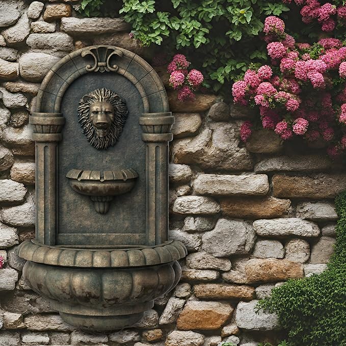 Teamson Home 32.1 in. Wall-Mounted Lion Head Stone LED Outdoor Water Fountain for Gardens, Landscaping, Patios, Balconies, Lawns to Create a Calming Oasis in Outdoor Living Spaces, Antique Bronze