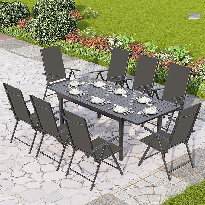 PHI VILLA 7 Piece Outdoor Patio Dining Set, Adjustable Folding Patio Chairs Reclining (Black) with Extendable Metal Steel Dining Table for Outdoor, Garden, Lawn