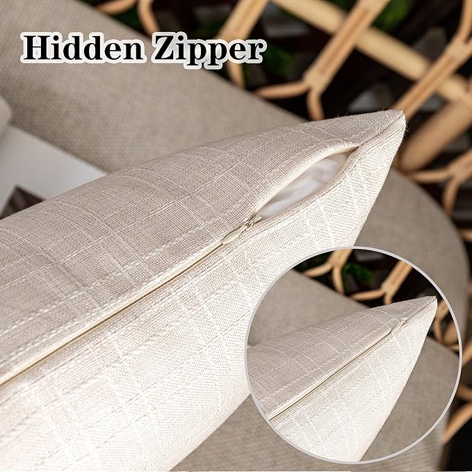 Kevin Textile Pack of 2 Decorative Outdoor Waterproof Throw Pillow Covers Checkered Pillowcases Classic Cushion Cases for Patio Couch Bench 16 x 16 Inch Light Beige