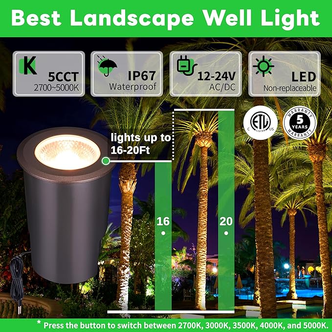 Outdoor Well Lights Low Voltage - 12V LED Inground Fixture, Bright 5 Colors Ground Landscape Lighting, Wired ORB Aluminum for Sideway Pathway Patio 9W 700LM 12 Pack