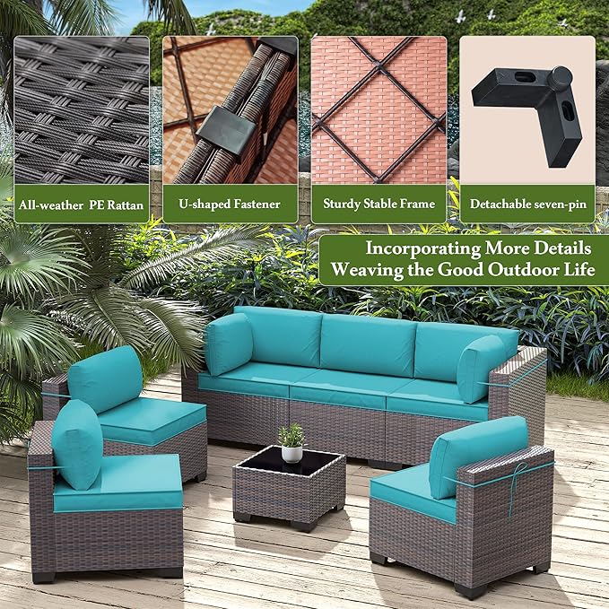 Outdoor Patio Furniture Set, 14 Pieces Outdoor Furniture All Weather Patio Sectional Sofa PE Wicker Modular Conversation Sets with Coffee Table,12 Chairs & Seat Clips(Turquoise Blue)