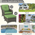 4 Pieces Patio Conversation Set, Wicker Chairs Set of 2 and Two Ottomans with 3.5-inch Seat Cushions, High Back and Curved Armrest for Backyard, Balcony and Deck, Green