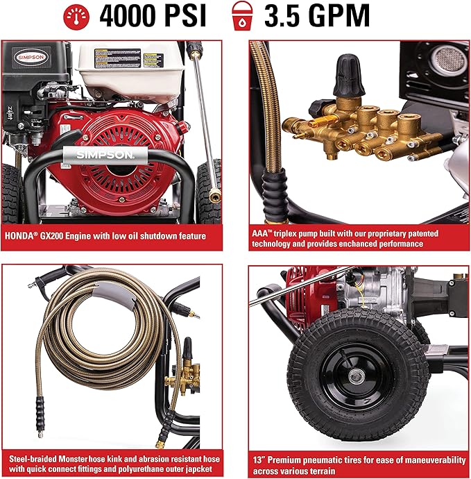 SIMPSON Cleaning PS60869 PowerShot 4000 PSI Gas Pressure Washer, 3.5 GPM AAA Triplex Pump, Honda GX270 Engine, Includes Spray Gun, Wand, 5 QC Nozzle Tips, 3/8-inch x 50-Foot Monster Hose, 49-State