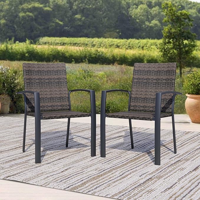 Outdoor Dining Chairs Set of 2, Stackable Patio Chairs with Woven Rattan Back & Seat, Perfect for Patio, Garden, or Deck, Rattan Gray Brown