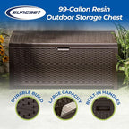 Suncast 99 Gallon Plastic Wicker Deck Box Container Storage for Garden, Garage, Home, Pool, Indoor and Outdoor Use, Mocha (2 Pack)