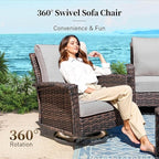 Patio Furniture Set with Swivel Chairs, High Back Wicker Rattan Set with 5.5" Thick Cushions, Fire Pit Table and Ottomans, All Weather Outdoor Conversation Set for Backyard Deck,7 Seats, Light Grey