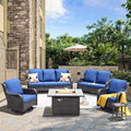 HOOOWOOO Patio Outdoor Furniture with Large Fire Pit Table,High Back 6 Piece Wicker Patio Conversation Set with Swivel Chairs,7 Person Couch Sofa Seating,Navy Blue