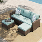 Small Patio Furniture Set, 3 Pieces Wicker Outdoor Sectional Set, L-Shaped Patio Couch Set, Modular Rattan Conversation Set with Lounge Sofa and Ottomans for Deck Lawn Garden, Blue
