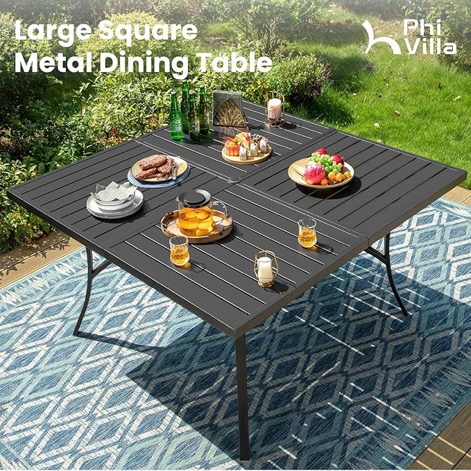 PHI VILLA 9 Pieces Patio Dining Table Set for 8, 60” Square Metal Wrought Iron Dining Table & Stackable Dining Chairs, Large Dining Furniture Set for Outdoor Deck, Yard, Porch