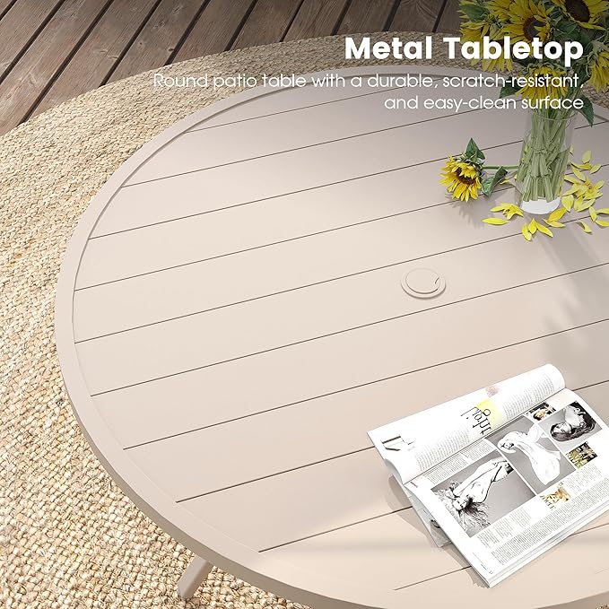 DIFY 53" Round Outdoor Patio Dining Table for 8, Metal Patio Table with 1.57" Adjustable Umbrella Hole, All-Weather Dining Furniture Table for Backyard Lawn Garden, Cream