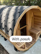 Outdoor Barrel Steam Sauna with Porch, Canadian Red Cedar Sauna 6 Person, 6KW ETL Toule Heater, 220V, Waterproofing System with Saunas Stones, Asphalt Shingles, Rubber Base(0-195℉)