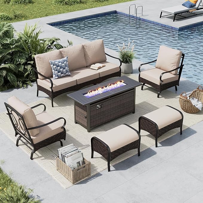 MFSTUDIO 6 PCS Outdoor Patio Furniture Set, Metal Outdoor Conversation Set, Rattan Wicker Patio Sectional Set with 2 x Rocking Single Sofa, 3-Seat Sofa, 2 x Ottoman, 1 x Fire Pit Table, Beige