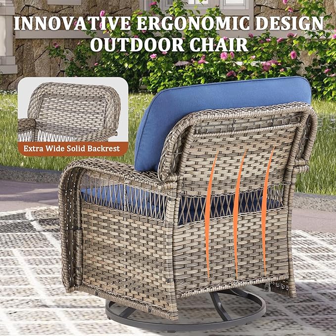 Outdoor Swivel Rocker Chairs - Patio Rocking Chairs Set of 2, 3PCS Wicker Patio Set with 5" Thick Cushion and Side Table, Rattan Patio Swivel Rocking Chairs for Porch, Deck, Backyard Blue/Gray