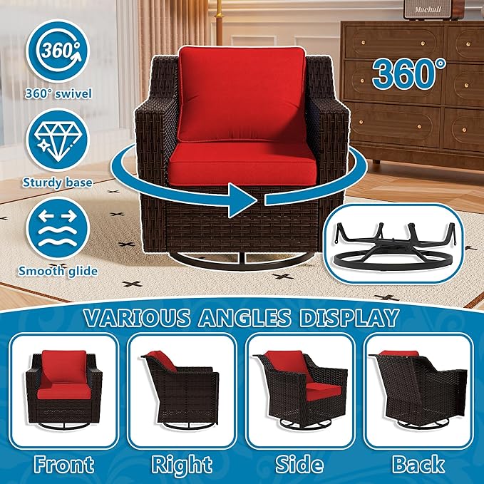 Vista Vibe 3 Pieces Outdoor Patio Conversation Furniture Set - 360 Degree Swivel Glider Rocker Chairs | Wicker End Table, Washable Cushions, Hand-Woven PE Rattan, Lawn, Sunroom (Brown/Red)