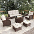 7 Pieces Patio Furniture Sets with Fire Pit Table, Wicker Rattan High Back Outdoor Armchairs Set with 3-Seat Couch, Ottomans and Side Table