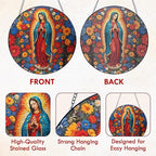 FLAGWIX Christmas Christian Gifts for Women - Virgen De Guadalupe Stained Glass Window Hanging 10 in - Christian Religious Gifts for Women Mom, Our Lady of Guadalupe Sun Catchers Indoor Window