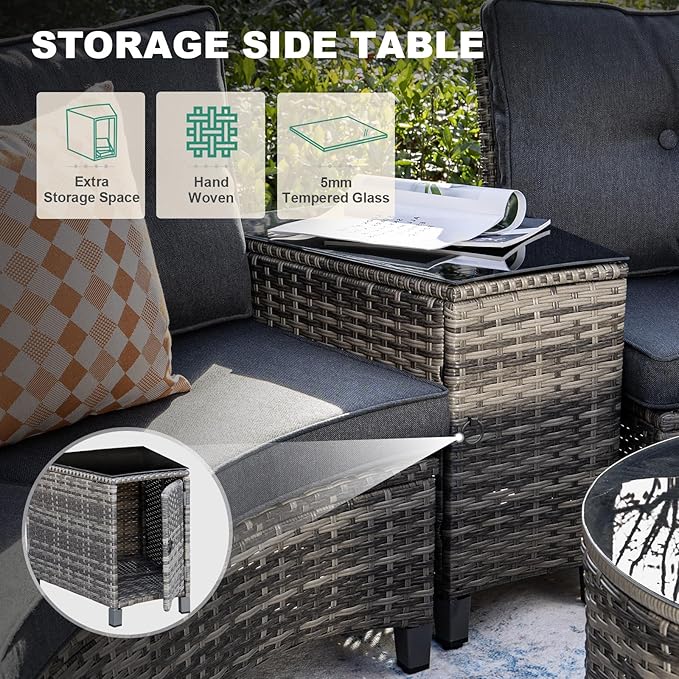 MEISSALIVVE 9-Piece Outdoor Patio Furniture Set, Half-Moon Curved Sectional Set with Wood Armrests, Patio Conversation Set, Tempered Glass Coffee & Side Tables (Grey)