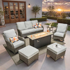 ovios 7 Pieces Patio Furniture Set, Outdoor Wicker Sofa Couch with Swivel Chairs 54" Fire Pit Table, High Back All Weather Modern Conversation Sets, Grey Rattan, Grey