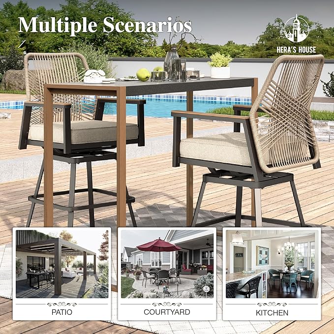 HERA'S HOUSE Outdoor Swivel Bar Stools Set of 2, High Top Patio Chairs with All Weather Cushion Pro Fabric, Bistro Set for Backyard, Lawn Garden, Balcony,Poolside