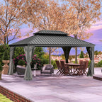 Domi 12x16FT Outdoor Gazebo, Hardtop Gazebo with Galvanized Steel Double Roof, Metal Gazebos with Drainage System Patio Pergola for Patio Deck Backyard,Curtain and Netting,Gray