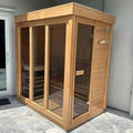 Outdoor Corner Steam Sauna, Canadian Hemlock Saunas 3-4 Person, 6KW ETL Toule Heater, 220V,Broad Bench, Glass Wall Sauna, Waterproof System, Asphalt Shingles,Right Door(0-195℉)