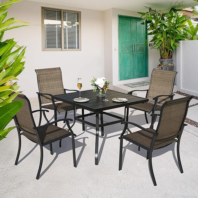 NUU GARDEN Patio Dining Chairs Set of 2, Indoor/Outdoor Textilene Dining Chairs with High Back, Patio Furniture Chairs with Armrest, Iron Frame and Textilene Chairs,Black&Brown