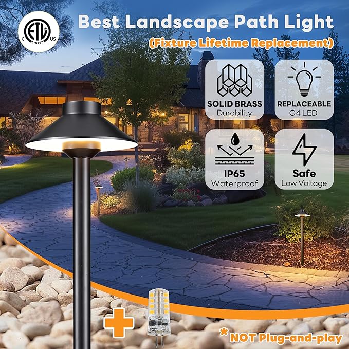 Gardenreet Low Voltage Landscape Path Light, Solid Brass Pathway Light IP65 Waterproof, Hat Shaped 12V Wired, Black LED for Walkway Garden with 3W 270LM 5000K Daylight G4 Bulb (12 Pack)