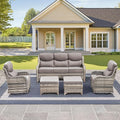 Luxury High Back Outdoor Furniture with 6-Inch Thick Cushions, Patio Furniture Set with Swivel Chairs, 5 PCS Wicker Conversation Set for Porch, Balcony, Deck and Yard